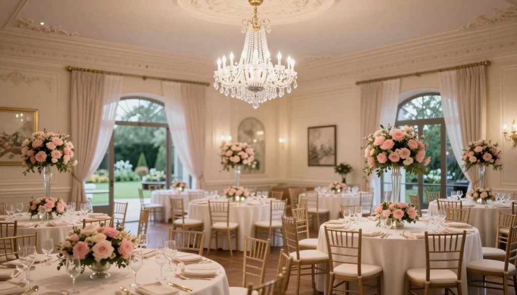 A luxurious wedding ballroom in Sutera Hall, beautifully decorated for a wedding event. In the foreground, elegant round tables adorned with white tablecloths and soft pink floral centerpieces, with neatly arranged chairs. In the middle ground, a stunning crystal chandelier hanging from an ornate ceiling casts a warm, inviting glow. The walls are adorned with delicate drapery and tasteful artwork, enhancing the upscale atmosphere. In the background, large windows allow soft, natural light to filter in, revealing a lush garden view outside. The mood is romantic and festive, evoking feelings of celebration and joy, captured from a slightly elevated angle to provide a comprehensive view of the entire space, utilizing soft focus for a dreamy effect.