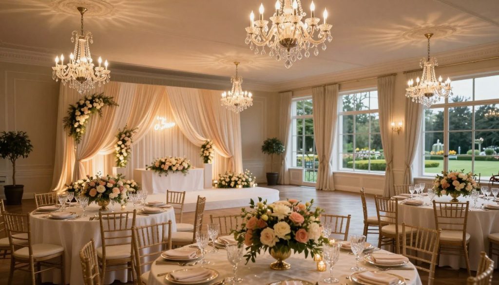 A luxurious wedding venue set inside a beautifully decorated hall, featuring elegant chandeliers that cast a warm glow across the space. In the foreground, a lavishly set dining table adorned with fine china, crystal glasses, and lush floral centerpieces, creating an inviting atmosphere. In the middle ground, an artfully draped backdrop with soft fabric that adds a touch of sophistication, while soft lighting highlights the exquisite decor. The background reveals large windows, allowing natural light to stream in and offering views of manicured gardens outside. Captured from a slightly elevated angle to showcase the venue's grandeur, the mood is romantic and enchanting, perfect for a wedding celebration.