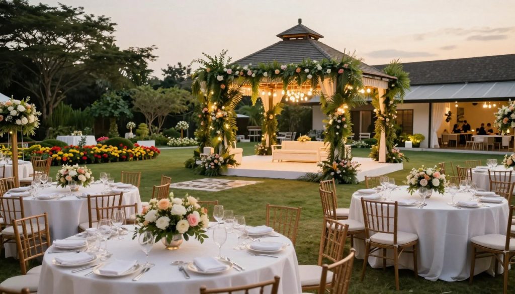 A modern wedding venue in Tangerang, blending indoor and outdoor spaces. In the foreground, elegant tables are set with fine white tablecloths and floral centerpieces, showcasing an inviting atmosphere. The middle ground features a beautifully decorated gazebo adorned with hanging lights and lush greenery, perfect for ceremonies. In the background, a spacious garden area with manicured lawns and vibrant flowers adds color and life. The scene is illuminated by soft, warm lighting, creating a romantic ambiance during golden hour. Capture this from a slightly elevated angle, allowing for a panoramic view that highlights both the indoor and outdoor areas, emphasizing the versatility and beauty of the venue. The atmosphere is joyous, with hints of laughter and celebration without showing specific individuals. A modern wedding venue in Tangerang, blending indoor and outdoor spaces. In the foreground, elegant tables are set with fine white tablecloths and floral centerpieces, showcasing an inviting atmosphere. The middle ground features a beautifully decorated gazebo adorned with hanging lights and lush greenery, perfect for ceremonies. In the background, a spacious garden area with manicured lawns and vibrant flowers adds color and life. The scene is illuminated by soft, warm lighting, creating a romantic ambiance during golden hour. Capture this from a slightly elevated angle, allowing for a panoramic view that highlights both the indoor and outdoor areas, emphasizing the versatility and beauty of the venue. The atmosphere is joyous, with hints of laughter and celebration without showing specific individuals.