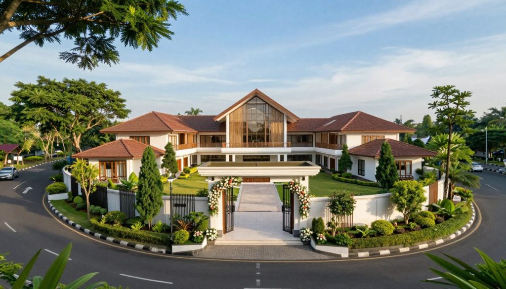 A picturesque view of Sutera Hall, a strategically located wedding venue in Tangerang, surrounded by lush greenery and well-maintained gardens. In the foreground, an elegant entrance with decorative floral arrangements leading to the grand doors of the hall. The middle ground features the stunning architecture of Sutera Hall, showcasing modern design elements combined with natural materials. In the background, a clear blue sky with soft, diffused sunlight filtering through, creating a warm and inviting atmosphere. The image should evoke a sense of accessibility and convenience, illustrating the venue’s proximity to major roads and transport options. The scene is captured from a slightly elevated angle using a wide-angle lens to highlight the setting's beauty and spaciousness, inviting couples to envision their wedding day.