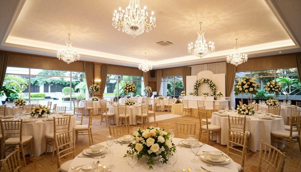 A picturesque wedding venue set in Tangerang, showcasing a grand ballroom with elegant chandeliers. In the foreground, a beautifully arranged wedding table adorned with fresh flowers and fine china, emanating a romantic vibe. In the middle, the expansive ballroom featuring high ceilings and luxurious decor, ready to host a wedding ceremony. The background reveals lush greenery through large windows, allowing natural light to flood the space, creating a warm and inviting atmosphere. The scene is captured with soft, diffused lighting to enhance the elegance and charm. A slight wide-angle view gives a sense of grandeur, perfect for highlighting the strategic location's ambiance and accessibility.
