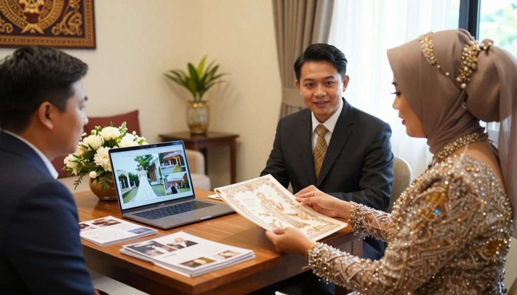 A professional wedding consultation scene set in a cozy, elegantly decorated room, featuring two people in professional attire. In the foreground, a friendly vendor, a woman dressed in a traditional Padang wedding attire, is showcasing a beautiful fabric swatch and discussing details with a couple, who are looking engaged and attentive. The middle layer captures a wooden table adorned with wedding-related materials: brochures, floral arrangements, and a laptop displaying images of exquisite venues. In the background, soft, warm lighting creates an inviting atmosphere, with decorations reflecting Padang cultural motifs on the walls. A window allows natural light to spill in, providing a serene and hopeful mood, perfect for planning a joyful day.