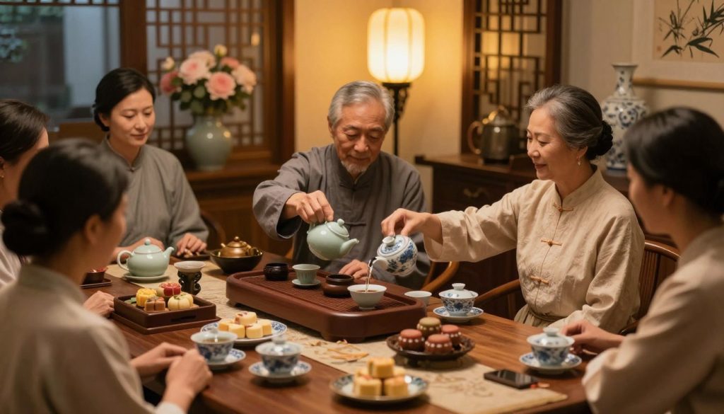 A serene and culturally rich scene depicting a traditional Chinese tea ceremony, highlighting the intricate practices involved in a "tea pai" ritual. In the foreground, a beautifully set tea table adorned with ornate china, teapots, and traditional sweets, surrounded by elegantly dressed participants in modest attire, showcasing respect and celebration. In the middle ground, a detailed view of an elder pouring tea with grace, while others observe attentively, embodying a sense of reverence. The background features a softly lit traditional Chinese decor, with lanterns and floral arrangements, creating a warm and inviting atmosphere. The image is illuminated with soft, golden lighting, evoking a calm and joyful mood, captured from a slightly elevated angle for a comprehensive view.