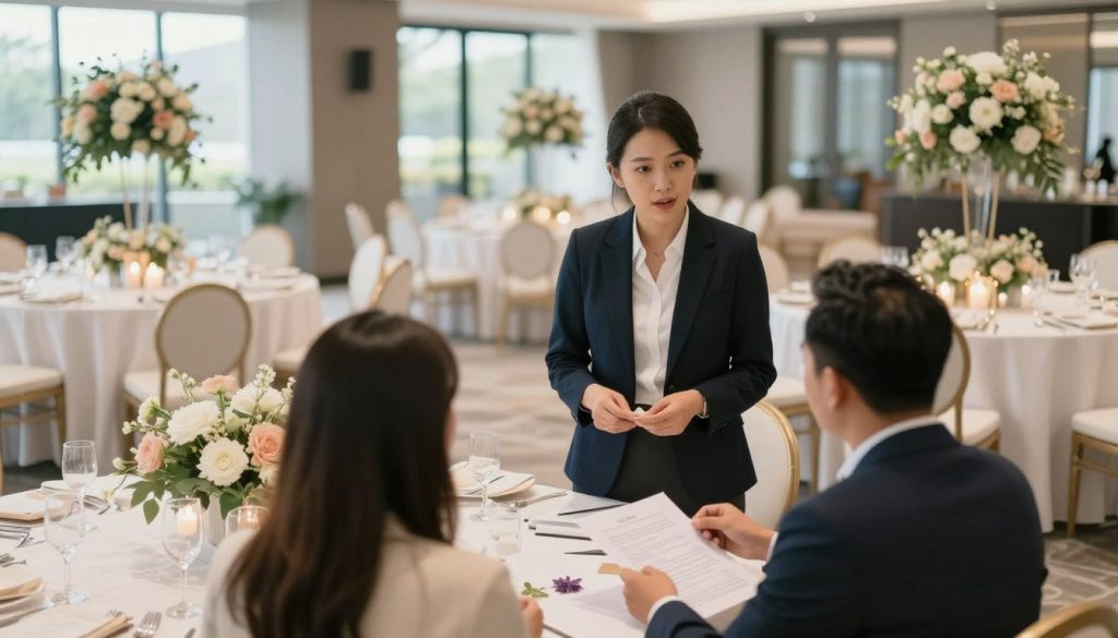 A serene and professional wedding venue consultation scene, featuring a modern function hall in Tangerang. In the foreground, a confident event consultant in smart business attire is engaged in conversation with a couple, showcasing their wedding plans. The middle ground presents a beautifully decorated event space with elegant tables, soft lighting, and floral arrangements, reflecting a romantic atmosphere. The background reveals large windows with natural light streaming in, illuminating the elegant decor. The mood is warm and inviting, encouraging collaboration and creativity in planning the perfect wedding event. The angle is slightly from above, capturing the ambiance and interaction clearly, ensuring a focus on professionalism and inspiration without any text or distractions.