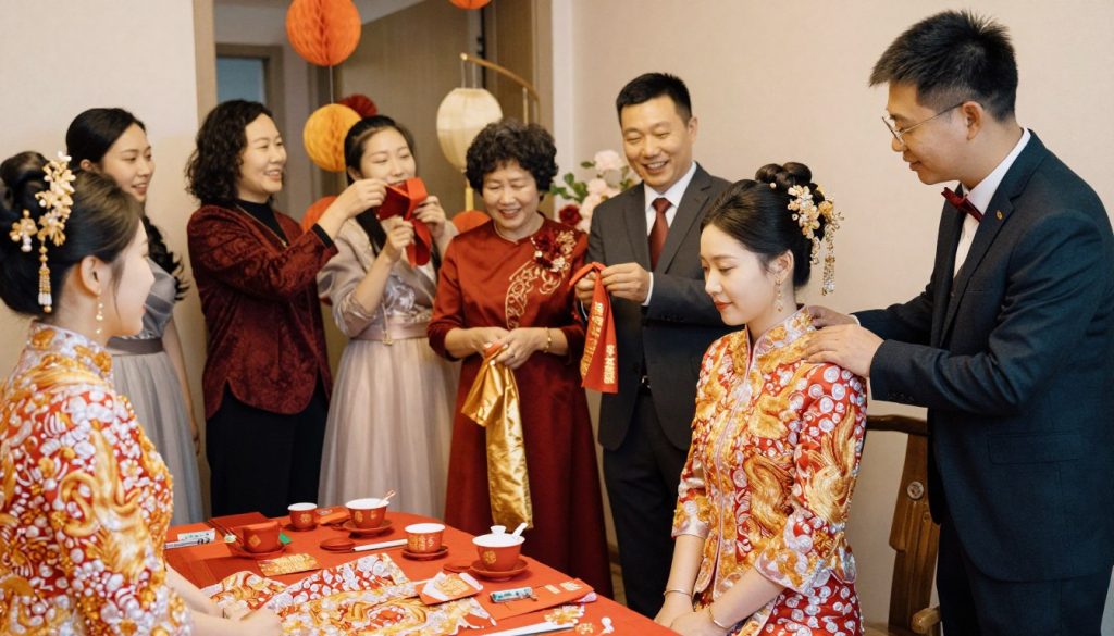 A serene scene depicting the preparations for a Chinese wedding, featuring a bridal candidate adorned in elegant traditional attire with intricate embroidery, surrounded by family members in modest formal wear, working together with joy. In the foreground, a beautifully arranged table displays traditional wedding symbols like tea sets and red envelopes. The middle ground captures a lively atmosphere with family members sharing laughter and preparing decorations, showcasing intricate red and gold fabrics common in Chinese culture. In the background, elegant paper lanterns and flower arrangements create a festive celebration vibe. Soft, warm lighting bathes the scene, evoking a sense of love and unity, with a shallow focus that highlights the joyful expressions of the participants.