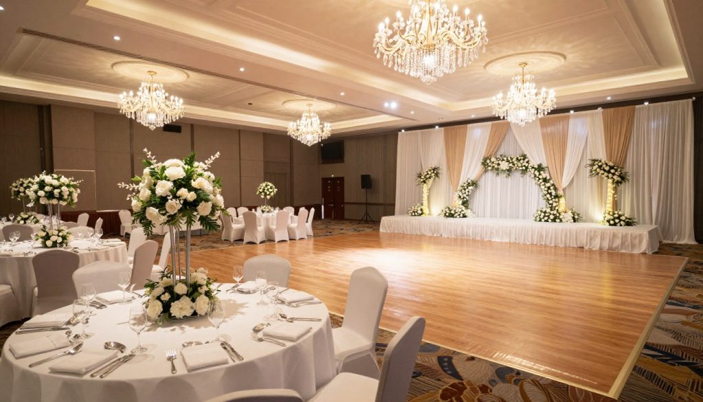 A spacious wedding ballroom in Tangerang, showcasing its elegant design and luxurious atmosphere. In the foreground, a beautifully decorated round table with pristine white linens and tasteful floral arrangements. The middle ground features a dance floor with a shimmering wooden finish, illuminated by soft, ambient lighting that creates a warm glow. In the background, grand chandeliers hang from the high ceiling, reflecting light in a dazzling display. Soft, muted colors dominate the scene, enhancing the romantic and celebratory vibe. The entire setting is ready for a wedding event, with subtle hints of decorations like draped fabrics and fairy lights, all captured from a wide-angle perspective to emphasize the spaciousness of Sutera Hall.