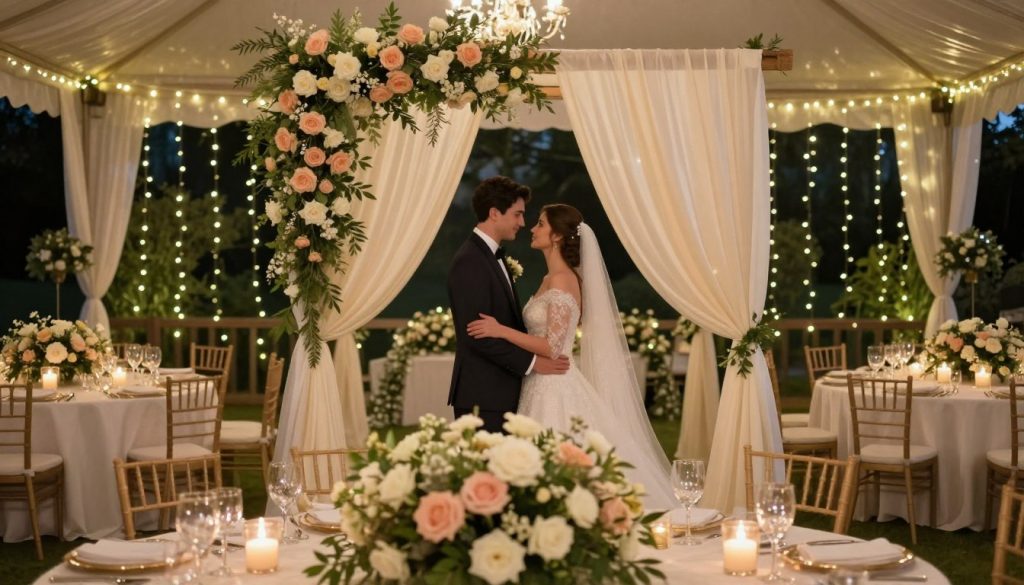 A stunning dream wedding scene set in an elegantly decorated venue. In the foreground, a beautifully arranged floral centerpiece featuring soft pastels, white roses, and lush greenery. The middle ground showcases a couple, dressed in sophisticated formal attire, exchanging loving glances under a delicate floral arch adorned with flowing silk drapes. In the background, soft fairy lights twinkle, casting a warm, romantic glow throughout the space. The venue is filled with elegant tables set for guests, featuring candles and elegant dinnerware. The soft, ambient lighting creates an enchanting and intimate atmosphere, evoking feelings of joy and love in a picturesque setting. Shot from a slightly elevated angle to capture the entirety of the venue’s beauty and charm.