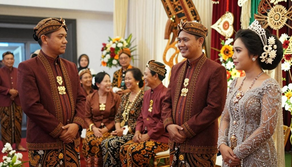 A traditional Batak wedding ceremony taking place in a beautifully decorated venue. In the foreground, a groom wearing a traditional Batak ulos wrapped around his shoulders stands confidently next to a bride adorned in an intricate Batak bridal dress with elegant jewelry. In the middle ground, family members, dressed in formal Batak attire, are engaged in joyful conversations and celebrating the union. The background features traditional Batak ornaments and decorations, creating a vibrant atmosphere filled with warmth and love. Soft, diffused lighting enhances the colorful fabrics and details of the attire, while the angle captures the essence of unity and cultural heritage. The mood is festive and respectful, embodying the spirit of Batak traditions.
