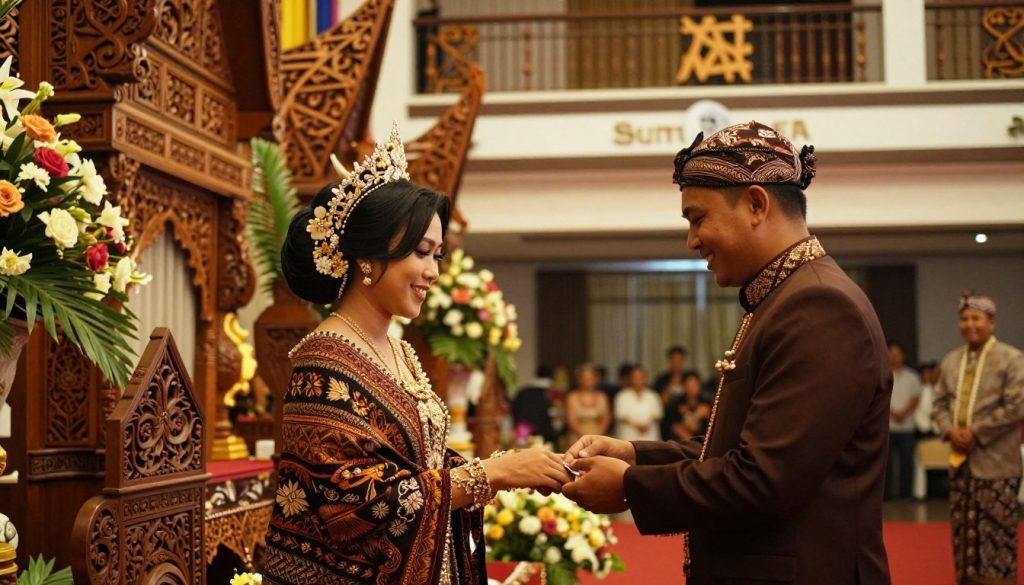 A traditional Batak wedding scene set in Sutera Hall, showcasing intricate cultural details. In the foreground, a Batak couple dressed in beautiful traditional attire, a richly patterned ulos shawl for the bride and a formal suit with Batak motifs for the groom, smiling and exchanging vows. The middle ground features elegant wooden carvings and floral arrangements, enhancing the ambiance. The background reveals Sutera Hall's architectural elegance, adorned with traditional Batak symbols. Soft, warm lighting casts a romantic glow, creating an intimate atmosphere. The scene is captured from a slightly angled perspective, emphasizing the couple's joy and the ceremony's significance. The overall mood is celebratory and respectful, highlighting the beauty of Batak cultural heritage.