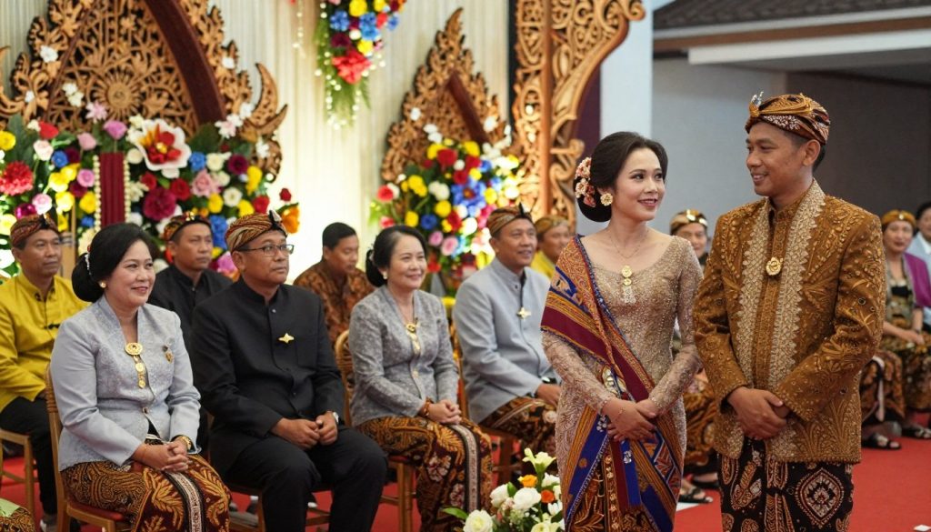 A vibrant scene depicting a Batak traditional wedding ceremony, showcasing the key success tips for conducting cultural rituals. In the foreground, a couple dressed in ornate Batak wedding attire stands gracefully, embodying respect and joy. The bride wears a beautifully woven ulos shawl, while the groom sports a traditional songket. In the middle ground, guests are elegantly seated, clad in smart, modest attire, subtly engaged in conversation, enjoying the atmosphere. Elaborate Batak decorations with colorful flowers and intricate carvings adorn the background, while soft, warm lighting highlights the scene, creating a festive yet intimate mood. The image is captured from a slightly elevated angle, emphasizing the couple and their guests, inviting viewers into this cultural celebration.