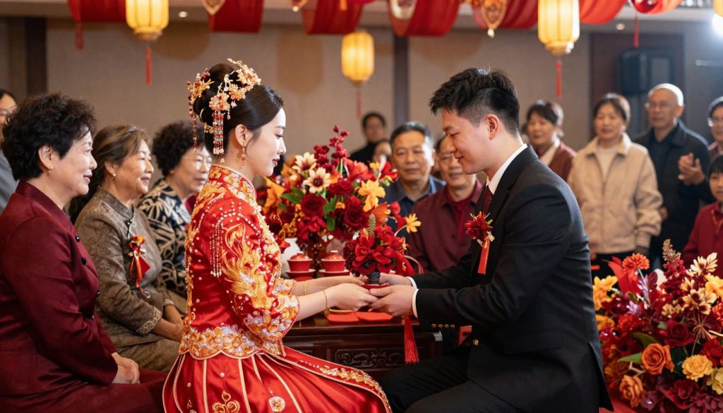 A vibrant scene depicting a traditional Chinese wedding ceremony, set in an ornate venue adorned with red and gold decorations symbolizing prosperity and happiness. In the foreground, a beautifully dressed bride wearing a stunning red qipao and a groom in a classic black suit exchange vows, surrounded by close family members witnessing the ritual. The middle ground showcases intricately designed floral arrangements and a table with traditional tea ceremony items, emphasizing cultural significance. In the background, lanterns hang gracefully, casting a warm, inviting glow. The lighting is soft yet vibrant, capturing the joyous atmosphere of celebration, while the angle focuses on the couple, emphasizing their emotional connection. The overall tone is festive, harmonious, and respectful, embodying the essence of Chinese wedding traditions.