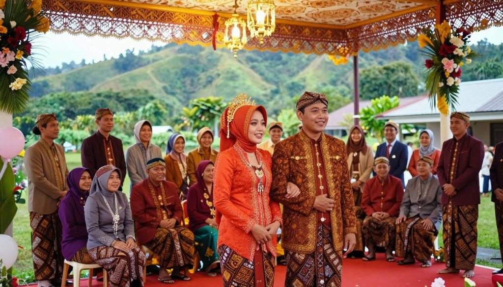 A vibrant scene depicting a traditional Minangkabau wedding ceremony, showcasing a beautifully decorated wedding venue. In the foreground, a couple dressed in elegant traditional Minangkabau attire, with intricate fabrics and bold colors, standing together under a decorative canopy adorned with floral arrangements and traditional motifs. The middle ground features family members and guests, all in formal traditional attire, engaging joyfully in the celebration. In the background, lush green hills characteristic of West Sumatra are visible, creating a serene atmosphere. The lighting is warm and inviting, capturing the essence of this significant cultural event. The angle is slightly elevated, providing a panoramic view of the ceremony, emphasizing the festive mood and rich cultural heritage of the Minangkabau traditions.