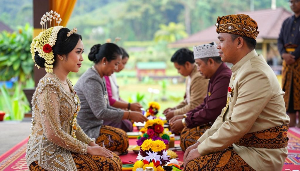 A vibrant scene depicting the traditional wedding ceremony in Padang, focusing on key rituals. In the foreground, a beautifully adorned bride in traditional Minangkabau attire, featuring intricate gold and silver detailing, is seated gracefully. Beside her, a groom in a matching ceremonial outfit, exuding elegance and respect. In the middle, family members engage in heartfelt ceremonies, with colorful offerings and traditional fabrics creating a rich tapestry of textures. The background showcases a lush, green landscape typical of West Sumatra, with traditional Minangkabau architecture subtly visible. The warm, soft lighting enhances the celebratory atmosphere, providing a joyful and respectful mood. The angle captures the intimate interaction among the participants, inviting viewers into this culturally rich experience.