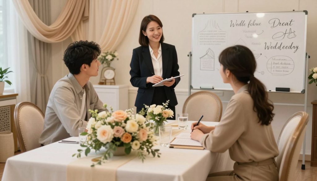 A welcoming consultation space for dream weddings, showcasing a beautifully arranged meeting table surrounded by elegant chairs. The foreground features a charming bouquet of fresh flowers, symbolizing love and unity. In the middle ground, a professional wedding consultant dressed in business attire discusses plans with an engaged couple, who are attentively listening and jotting down notes. Soft, warm lighting creates an inviting atmosphere, highlighting the happy expressions on their faces. The background displays tasteful wedding decor, including fabric drapes and a whiteboard with inspirational ideas for events. The setting suggests a cozy and professional environment dedicated to turning dreams into reality, with a tranquil atmosphere conducive to planning.