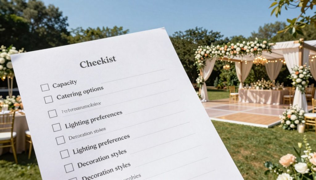A well-organized checklist survey for a wedding venue, prominently displayed in the foreground, featuring neatly arranged items like "Capacity," "Catering options," "Lighting preferences," and "Decoration styles." In the middle, a beautifully adorned wedding venue scene with elegant floral decorations, a spacious dance floor, and tables set for guests. The background reveals lush greenery and a clear blue sky, suggesting an outdoor space. Soft, warm lighting creates a romantic atmosphere, highlighting the details of the decor. The scene conveys a sense of excitement and anticipation, emphasizing the importance of planning and surveying a wedding venue. Angle the perspective slightly from above to capture all elements harmoniously. A well-organized checklist survey for a wedding venue, prominently displayed in the foreground, featuring neatly arranged items like "Capacity," "Catering options," "Lighting preferences," and "Decoration styles." In the middle, a beautifully adorned wedding venue scene with elegant floral decorations, a spacious dance floor, and tables set for guests. The background reveals lush greenery and a clear blue sky, suggesting an outdoor space. Soft, warm lighting creates a romantic atmosphere, highlighting the details of the decor. The scene conveys a sense of excitement and anticipation, emphasizing the importance of planning and surveying a wedding venue. Angle the perspective slightly from above to capture all elements harmoniously.