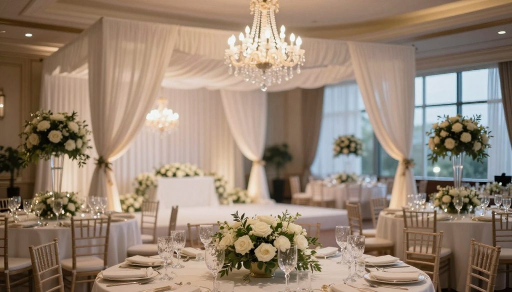 Luxurious wedding venue decoration in an elegant setting. Foreground includes a beautifully set banquet table adorned with fine china, crystal glassware, and floral arrangements featuring white roses and greenery. In the middle ground, a spacious area is decorated with draped white fabric, soft ambient lighting, and a stunning chandelier that illuminates the space with a warm glow. The background features large windows with sheer curtains, allowing natural light to filter in, creating a romantic atmosphere. The scene is meticulously arranged for a lavish wedding, with soft focus and depth of field emphasizing the intricate details of the decor. The overall mood is sophisticated and inviting, highlighting the premium facilities for weddings at Sutera Hall.
