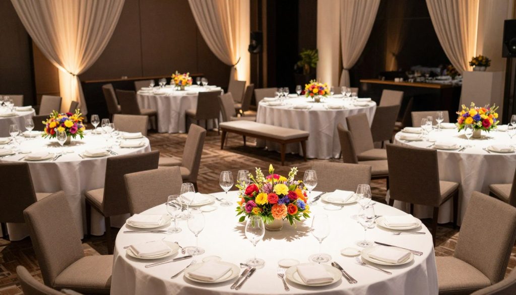 A beautifully arranged banquet setting showcasing customizable seating options for a company anniversary. In the foreground, elegantly set round tables adorned with crisp white tablecloths, fine china, and polished glassware. Vibrant floral centerpieces add color and warmth. In the middle, various styles of seating, such as cushioned chairs, and sleek benches, arranged in an inviting configuration, encouraging conversation among guests. The background features a softly lit venue adorned with ambient lighting, draped fabric, and tasteful decorations that enhance a celebratory atmosphere. The scene is captured with a wide-angle lens from a slightly elevated perspective, highlighting the harmony of the setup while projecting a warm, inviting mood, perfect for a corporate celebration.