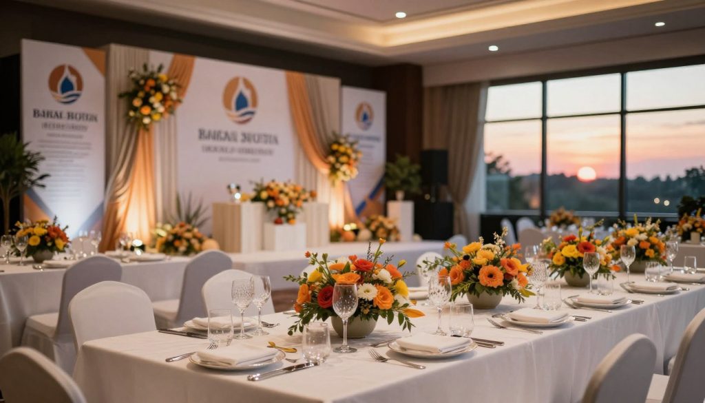 A beautifully arranged banquet table set for a corporate anniversary celebration in a luxurious venue in Banten. In the foreground, a long table draped with an elegant white tablecloth, adorned with sophisticated centerpieces featuring fresh flowers in vibrant colors, with sparkling glassware and gleaming cutlery. In the middle ground, a backdrop of soft, ambient lighting highlighting the décor, showcasing tasteful banners and draped fabric that reflect the company's branding. In the background, large windows with a sunset view, casting a warm glow over the scene. The atmosphere should be celebratory yet professional, with subtle touches of elegance. Ensure no people are depicted, focusing on the event setup.