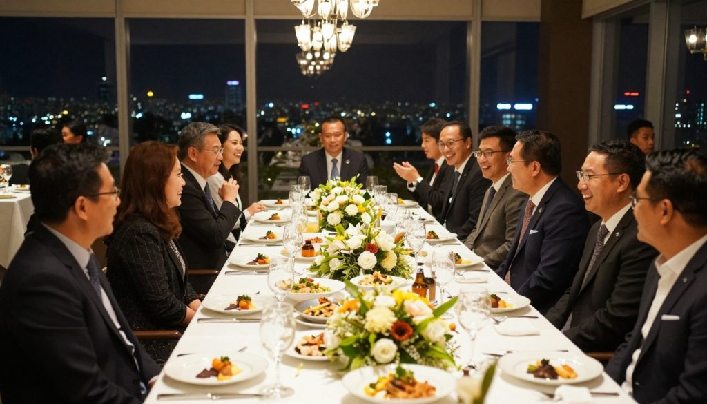 A beautifully arranged corporate gala dinner setting in a stylish venue in Tangerang, showcasing elegant tabletop catering. In the foreground, a long, immaculate dining table adorned with fine china, crystal glassware, and lush floral centerpieces. Guests in professional business attire engaged in friendly conversation, laughing, and enjoying elegantly presented dishes that highlight diverse cuisines. The middle ground features ambient lighting with soft, warm hues illuminating the scene, while chandeliers add a touch of sophistication. In the background, large windows reveal a stunning nighttime skyline of Tangerang, with city lights twinkling. The mood is festive yet refined, capturing the essence of an unforgettable dining experience.