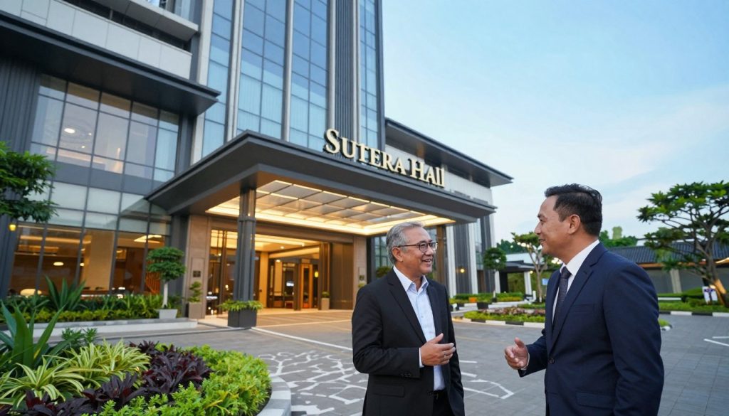 A beautifully designed exterior view of Sutera Hall in Tangerang, showcasing its modern architecture with glass and steel features, surrounded by well-manicured landscaping. In the foreground, there are two professional individuals in smart business attire, engaging in a friendly conversation, emphasizing the concept of connection. In the middle ground, the entrance of Sutera Hall is visible, adorned with subtle lighting effects that create a welcoming atmosphere. The background features a clear blue sky, adding to the sense of openness and accessibility. The overall mood is bright and inviting, suggesting a thriving cultural hub perfect for concerts and events. Capture this scene with a slightly elevated angle, using soft natural lighting to enhance the architectural details and the welcoming vibe.