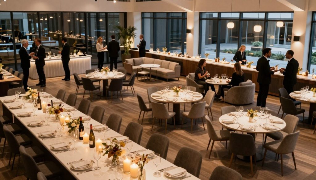 A beautifully designed innovative event space featuring versatile room configurations for corporate and private functions. In the foreground, a stylish dining area showcases elegantly set tables with fine china, centerpieces, and candles, inviting an atmosphere of sophistication. The middle layer reveals a flexible layout, highlighting various seating arrangements, such as clusters of round tables, long banquet tables, and lounge areas with plush sofas, all designed for networking and mingling. The background boasts large windows with natural light streaming in, reflecting a modern architectural style. The scene is illuminated with warm, ambient lighting to create an inviting mood for formal gatherings. Capture this vibrant atmosphere from a slight angle to enhance the depth, showcasing the spaciousness and contemporary decor, perfect for a corporate gala dinner.