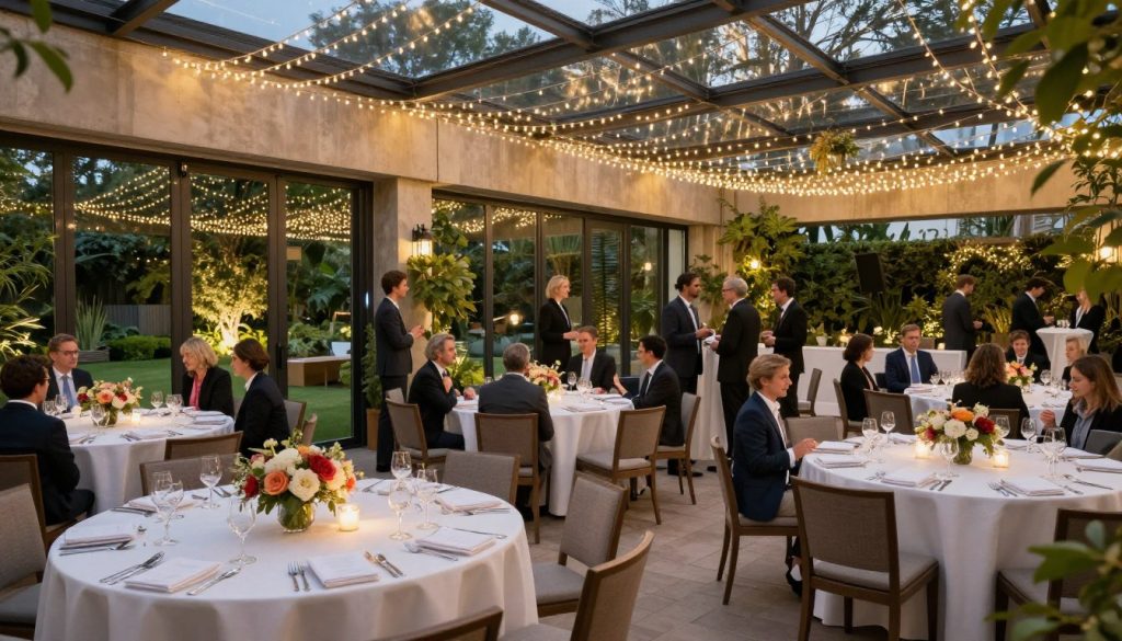 A beautifully styled flexible event space featuring a blend of indoor and outdoor setups for a corporate party. In the foreground, there are elegant round tables adorned with white tablecloths and cheerful centerpieces, set for guests dressed in professional business attire. The middle ground showcases a spacious open area with decorative lighting strung overhead, creating a warm ambiance perfect for socializing. To the side, large glass doors connect to a lush outdoor garden space filled with greenery and ambient lighting. In the background, soft twinkling fairy lights illuminate the evening sky, evoking a festive atmosphere. The overall mood is inviting and versatile, capturing the essence of a sophisticated corporate gathering. Soft lighting accentuates the details, and a wide-angle perspective emphasizes the layout’s adaptability.