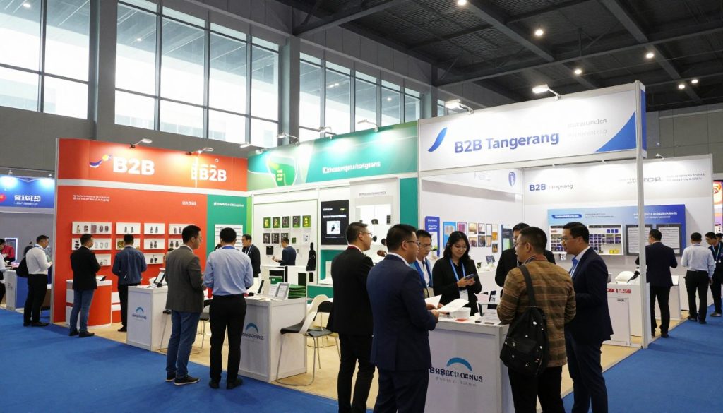 A bustling B2B trade show exhibition hall in Tangerang, showcasing a modern architectural design with large glass windows and high ceilings. In the foreground, professional attendees in business attire engage at various exhibitor booths, exchanging ideas and networking. The middle ground features vibrant displays, showcasing products and services, with colorful banners and clean, organized layouts. The background includes soft lighting illuminating the space, creating an inviting atmosphere, with spotlights focusing on key exhibits. Capture this scene from a slight angle to emphasize depth and interactivity, highlighting the energy and innovation present at the event, with a sense of excitement and collaboration in the air.