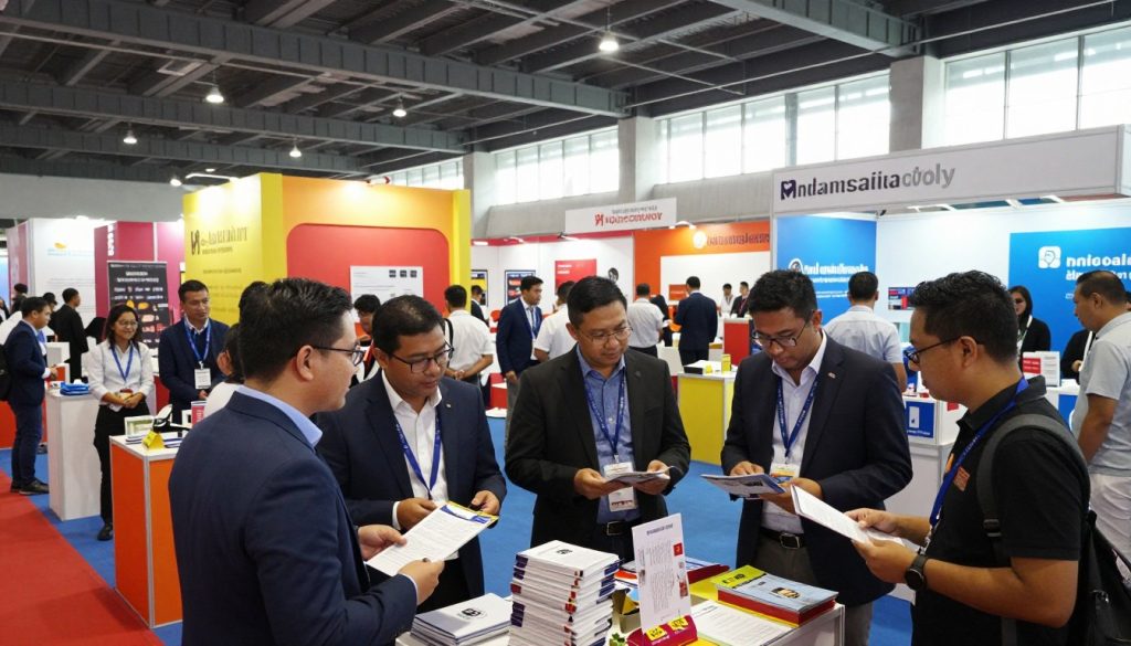 A bustling Indonesia Convention Exhibition scene, showcasing vibrant booths and engaged attendees in a spacious trade show hall. In the foreground, professional exhibitors wearing business attire interact enthusiastically with diverse visitors, discussing products and exchanging brochures. The middle ground features colorful, attractively designed booths representing various industries, complete with thoughtful displays of promotional materials. The background reveals high, airy ceilings with modern architectural elements and natural light streaming through large windows, creating an inviting atmosphere. The overall mood is dynamic and energetic, capturing the excitement of B2B networking and collaboration in a professional setting. The lighting is bright and even, emphasizing the lively interactions and detailed booth designs.