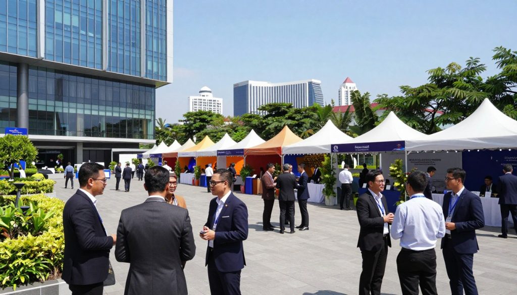 A bustling business hub in Tangerang, showcasing modern architecture with sleek glass buildings and vibrant greenery. In the foreground, diverse professionals in business attire engage in conversations, animatedly discussing ideas, while others network in small groups. In the middle ground, a spacious outdoor event area filled with colorful tents and engaging displays, hinting at a corporate summit. The background features iconic Tangerang city landmarks under a clear blue sky, bathed in bright, natural sunlight that creates an inviting atmosphere. The scene captures a sense of energy and professionalism, emphasizing Tangerang's reputation as a key destination for corporate events, with a dynamic and inspiring vibe.