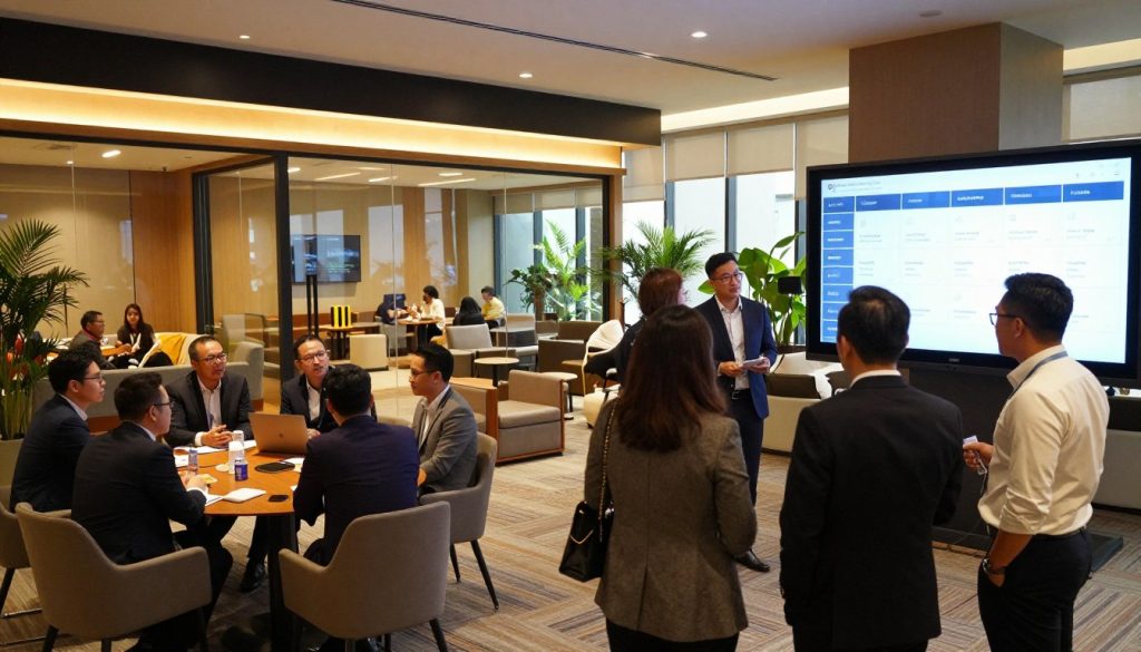 A bustling corporate event venue in Tangerang, showcasing stylishly designed meeting rooms filled with attendees engaged in discussions. In the foreground, a group of professionals in smart business attire consults a large digital service directory display, depicting various meeting room options and amenities. The middle ground features several modern meeting rooms with glass walls, equipped with the latest technology, illuminated by warm, inviting lighting. In the background, decorative plants and contemporary furnishings create a welcoming atmosphere. The scene captures the energy and professionalism of an engaging corporate summit, with soft, natural light filtering through expansive windows, enhancing the ambience. The overall mood is collaborative and inspiring, perfect for hosting a large-scale event.