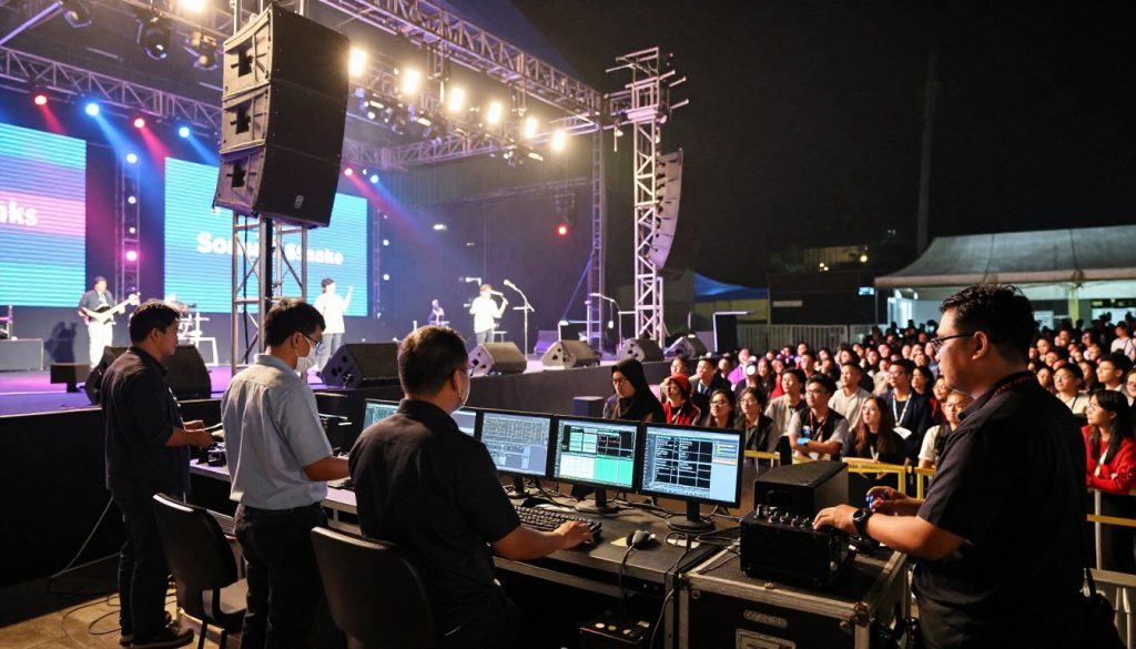 A dynamic concert scene highlighting Soundworks & Staging services at a top venue in Tangerang. In the foreground, a diverse group of professional sound engineers and staging technicians in business attire, carefully adjusting high-quality sound equipment and lighting rigs. The middle ground features an impressive stage setup adorned with LED screens, microphones, and speakers, creating a vibrant atmosphere. The background reveals a packed audience eagerly waiting for a performance, with colorful stage lights illuminating the scene. The lighting should evoke energy and excitement, with bright spots and shadows adding depth. Capture the mood of anticipation and professionalism in the concert setting, emphasizing technological sophistication and teamwork.