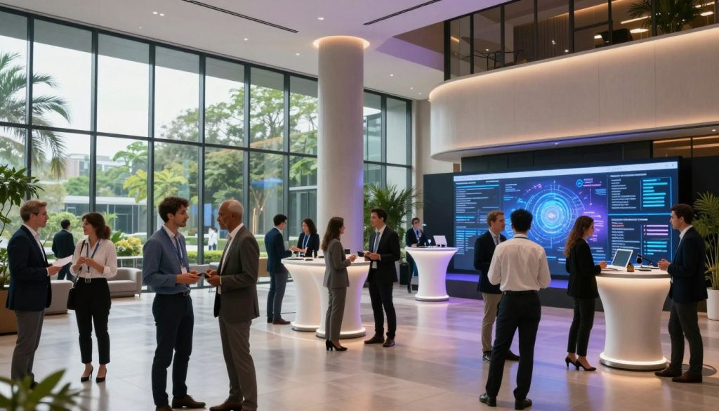 A futuristic event management scene at Sutera Hall, showcasing an elegant and modern interior with a spacious, column-free design. In the foreground, a diverse group of professionals in smart business attire are engaging in dynamic discussions. The middle ground features sleek tables with digital displays showcasing event logistics and innovations. The background reveals large, floor-to-ceiling windows providing natural light, with views of lush greenery outside, creating an inviting atmosphere. The lighting is soft and ambient, enhancing a sense of collaboration and excitement. The image captures a progressive approach to events, emphasizing technology and interaction in a sophisticated setting. The overall mood is vibrant and professional, embodying the future trends of event management.