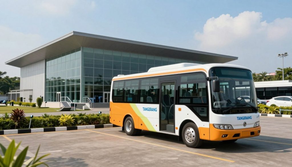 A modern, accessible shuttle bus designed for transportation, parked near an automotive exhibition hall in Tangerang. In the foreground, the shuttle features low, wide doors for easy entry, and is painted in vibrant colors with clear signage. The middle ground showcases the exhibition hall, a sleek, contemporary building with large glass windows, surrounded by pleasant landscaping and accessibility ramps. In the background, a clear blue sky enhances the atmosphere, with a few fluffy clouds. The lighting is bright and inviting, creating a warm and welcoming mood. A wide-angle view captures both the shuttle and the exhibition hall, emphasizing their connection to transportation and accessibility, with no people present to keep the focus on the vehicles and architecture.