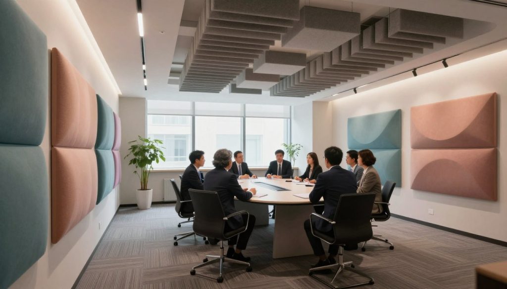 A modern conference room set up for a medical symposium, showcasing innovative acoustic noise control solutions. In the foreground, elegant sound-absorbing panels displayed on the walls, featuring soft curves and textured surfaces in calming colors. In the middle ground, a sleek round table surrounded by professionals in business attire, discussing strategies, while acoustic baffles suspended from the ceiling diffuse sound effectively. The background reveals large windows allowing natural light to filter in, illuminating the space softly. The atmosphere is focused and collaborative, with an emphasis on tranquility and innovation. The lighting is bright yet soft, emphasizing a clean, modern aesthetic. Shot from a low angle to capture the room's height and openness, creating a sense of professionalism and advanced technology.