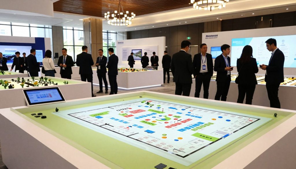 A modern exhibition space showcasing detailed floor plans and venue layouts for a premier MICE venue. In the foreground, sleek tables display interactive digital screens and physical models of the layouts, highlighting various configurations and seating arrangements. The middle ground features professional individuals in business attire, engaged in discussion and exploring the plans, emphasizing collaboration and planning. The background is a spacious, well-lit venue with large windows allowing natural light to illuminate the area, creating an inviting atmosphere. A contemporary chandelier hangs from the ceiling, adding elegance. The perspective is slightly elevated, providing a comprehensive view of the entire layout, capturing the essence of an upscale event planning experience. The mood is dynamic, focused, and professional, perfect for showcasing innovative venue logistics.