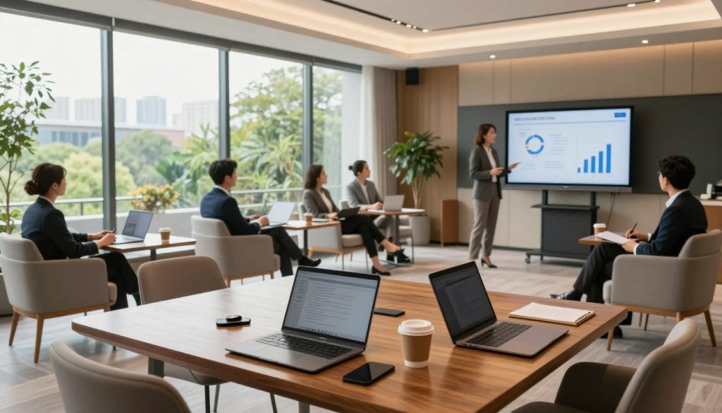 A modern, spacious corporate event space filled with natural light streaming through large windows, showcasing a stylish design with elegant furniture arranged for a training session. In the foreground, a polished wooden table is set with sleek laptops, notepads, and fresh coffee, symbolizing readiness for an engaging experience. The middle area features professional individuals in business attire, engaged in a dynamic discussion, with one leading a presentation on a large screen displaying graphs and visuals. In the background, a tranquil view of green foliage and cityscape can be glimpsed through the windows, conveying a serene yet productive atmosphere. The lighting is bright and inviting, creating an inspiring mood that promotes focus and collaboration.