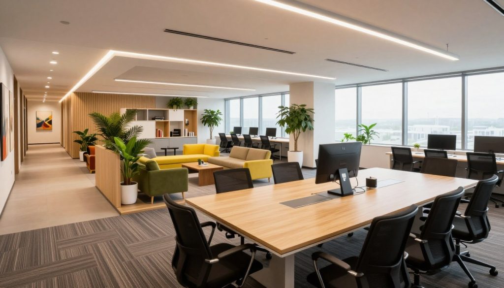 A modern training facility with sleek design elements and state-of-the-art amenities. In the foreground, a spacious and well-lit conference room featuring a long table surrounded by ergonomic chairs, equipped with high-tech audiovisual equipment. The middle layer shows contemporary breakout areas with comfortable seating, vibrant greenery, and creative brainstorming spaces. Large windows allow natural light to fill the room, creating an inviting atmosphere. In the background, glimpses of spacious hallways adorned with art, leading to additional meeting rooms. The ambiance is professional and inspiring, ideal for learning and collaboration. The lighting is bright and warm, captured from an eye-level angle to create an immersive experience.