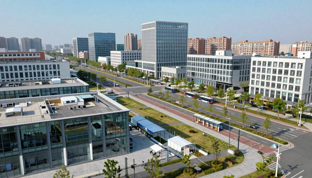 A modern urban scene showcasing strategic location infrastructure, featuring a bustling training center surrounded by contemporary office buildings and transit options. In the foreground, a sleek, glass-fronted facility with training rooms and breakout spaces is visible. The middle ground displays well-maintained roads and pathways, along with public transportation options like bus stops and bike lanes. In the background, a skyline of office towers and residential complexes stretches towards a clear blue sky. Soft, natural lighting enhances the vibrant atmosphere, while a wide-angle perspective captures the layout of the area, emphasizing accessibility and connectivity. The overall mood is professional and welcoming, perfect for a modern educational environment.