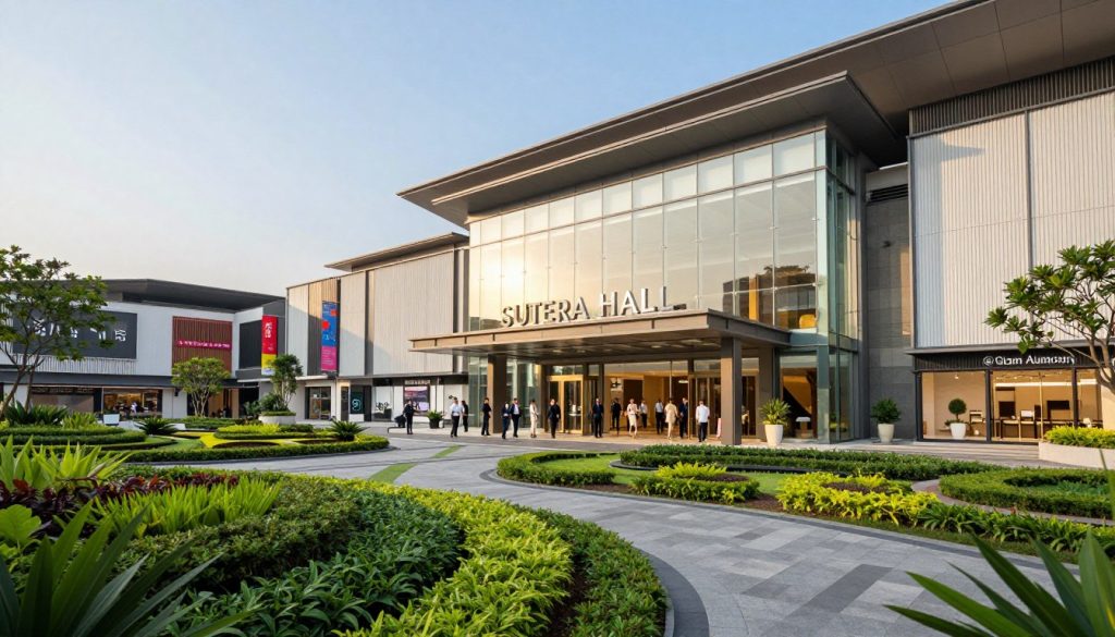 A panoramic view of Sutera Hall, located within the Mall @ Alam Sutera, showcasing its modern architectural design. In the foreground, lush green landscaping with manicured gardens and decorative pathways leading to the entrance. The midground features the impressive glass façade of Sutera Hall, reflecting soft golden sunlight, with people in professional business attire entering, engaged in conversation. The background captures the expansive shopping complex, with stylish storefronts and vibrant banners, under a clear blue sky. Use natural lighting to create a warm and inviting atmosphere. Frame the image with a slight upward angle to emphasize the height and grandeur of the building, promoting a sense of openness and modernity.