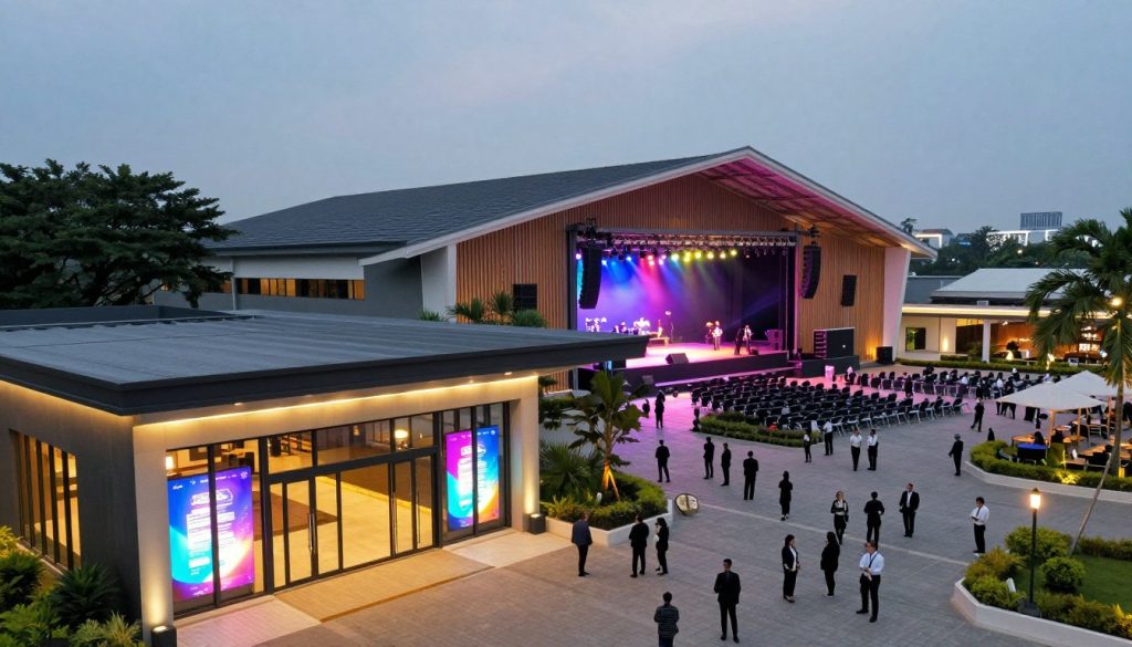 A panoramic view of the Concert Venue in Tangerang, showcasing its modern architectural design. In the foreground, an elegantly lit entrance with sleek glass doors and vibrant LED displays inviting guests inside. The middle ground features a spacious lobby area, filled with patrons in professional attire, interacting and enjoying the atmosphere under ambient lighting. The background highlights the main concert hall, with its grand stage and innovative sound equipment, bathed in dynamic colored lights that set an energetic mood. The venue’s exterior architecture is seamlessly integrated with its surroundings, with lush greenery and urban elements. The image should be captured at dusk to accentuate the evening ambiance, with a wide-angle perspective to encapsulate the impressive scale and excitement of the venue.