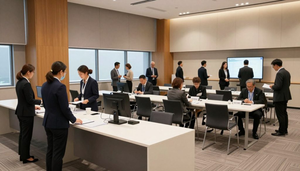 A professional event coordination setup in a modern, acoustically treated medical symposium venue. In the foreground, a sleek registration desk with staff in professional business attire assisting attendees. The middle ground features an organized space with well-arranged chairs and tables, equipped with advanced audiovisual equipment. Attendees are engaged in conversation, discussing presentations and networking. The background showcases large acoustic panels and elegant lighting that enhances the serene atmosphere. Soft, natural light streams in from large windows, highlighting the venue's spaciousness and calm. The overall mood is focused and collaborative, emphasizing the seamless execution of logistics and on-site services in a tranquil environment. The image captures the essence of professionalism and meticulous planning in an event space dedicated to medical discussions.
