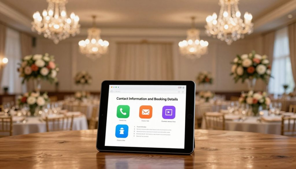 A professional event venue interior showcasing the "Contact Information and Booking Details" section, featuring an elegant banquet setting with beautifully arranged tables adorned with floral centerpieces. In the foreground, a polished wooden table displays a sleek tablet with vibrant icons indicating contact methods (phone, email, website) and booking details, all thoughtfully arranged. The middle layer includes sophisticated hanging chandeliers casting warm light over the scene, creating an inviting atmosphere. In the background, soft-focus decorations and tasteful drapery hint at the venue's upscale ambiance. Ensure the lighting conveys warmth and professionalism, with a slight depth of field effect to enhance focus on the foreground elements. The overall mood should be welcoming and sophisticated, suitable for a corporate event.