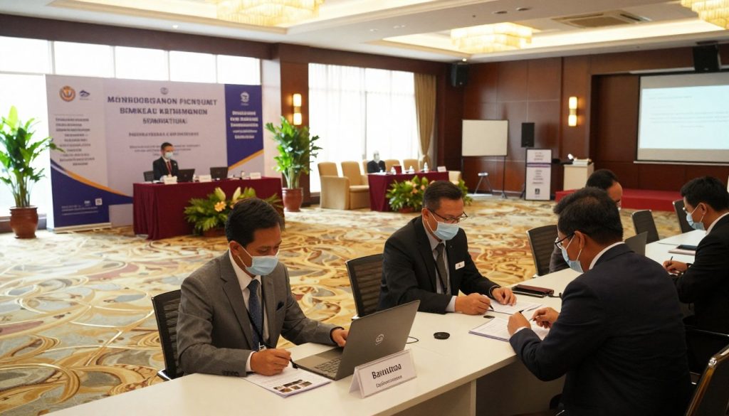 A serene and professional event registration setup in a well-lit, acoustically treated medical symposium venue in Banten. In the foreground, a sleek registration desk adorned with name tags and brochures, attended by two individuals in professional business attire engaging with a guest. The middle ground features a spacious, organized area with banners showcasing symposium themes, surrounded by potted plants for a touch of greenery. Soft, natural lighting streams through large windows, creating a warm and inviting atmosphere. In the background, elegantly arranged seating areas and a stage for presentations are visible, highlighting the venue's acoustical features. The overall mood is calm and focused, ideal for a professional meeting.