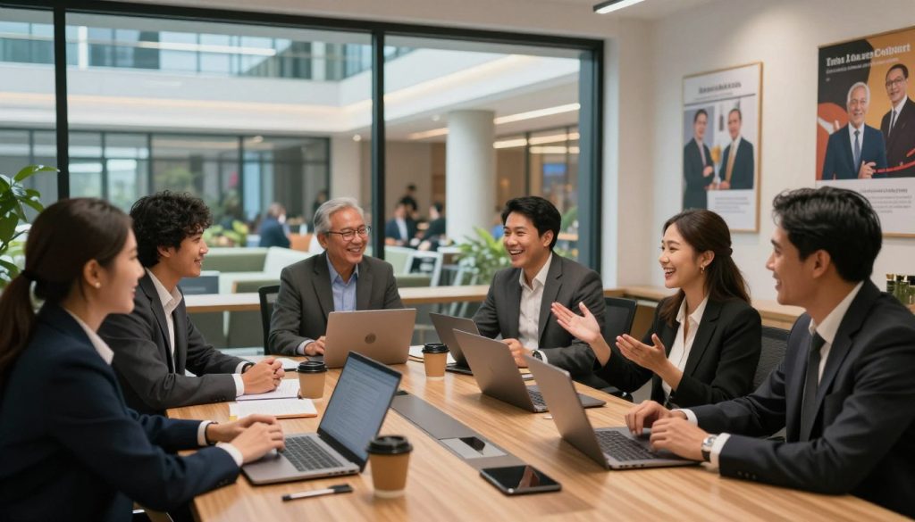 A sleek and modern office environment featuring a diverse group of satisfied clients, all dressed in professional business attire, engaged in a dynamic discussion around a successful project implemented at Alam Sutera. The foreground highlights a wooden conference table filled with laptops, notepads, and coffee cups, while clients, showcasing joy and excitement, share their stories. In the middle ground, a large window reveals an elegant view of the Alam Sutera venue, capturing its column-free architecture and vibrant atmosphere. The background is subtly filled with inspirational posters about success and collaboration, integrated into the modern décor. Soft, warm lighting casts an inviting glow throughout the scene, creating a positive and motivational mood, ideal for celebrating client success. The angle is slightly elevated, providing an expansive view of the interaction while maintaining focus on the clients in the foreground.