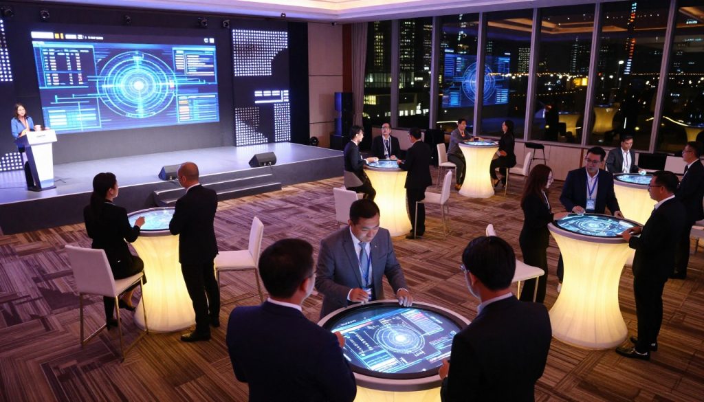 A sleek corporate event setup showcasing advanced technology integration. In the foreground, a group of professionals dressed in smart business attire are engaged in discussions, interacting with futuristic digital screens displaying holographic data and event schedules. The middle layer features elegant tables equipped with interactive touch displays and ambient lighting that casts a warm glow. In the background, a stage adorned with LED panels and dynamic projections sets the scene for presentations, while large windows show the skyline of Tangerang illuminated at night. The atmosphere is sophisticated and vibrant, capturing the cutting-edge nature of live entertainment at a corporate party, with dynamic lighting and reflections adding depth. Shot from a slightly elevated angle to emphasize the scale and energy of the event.