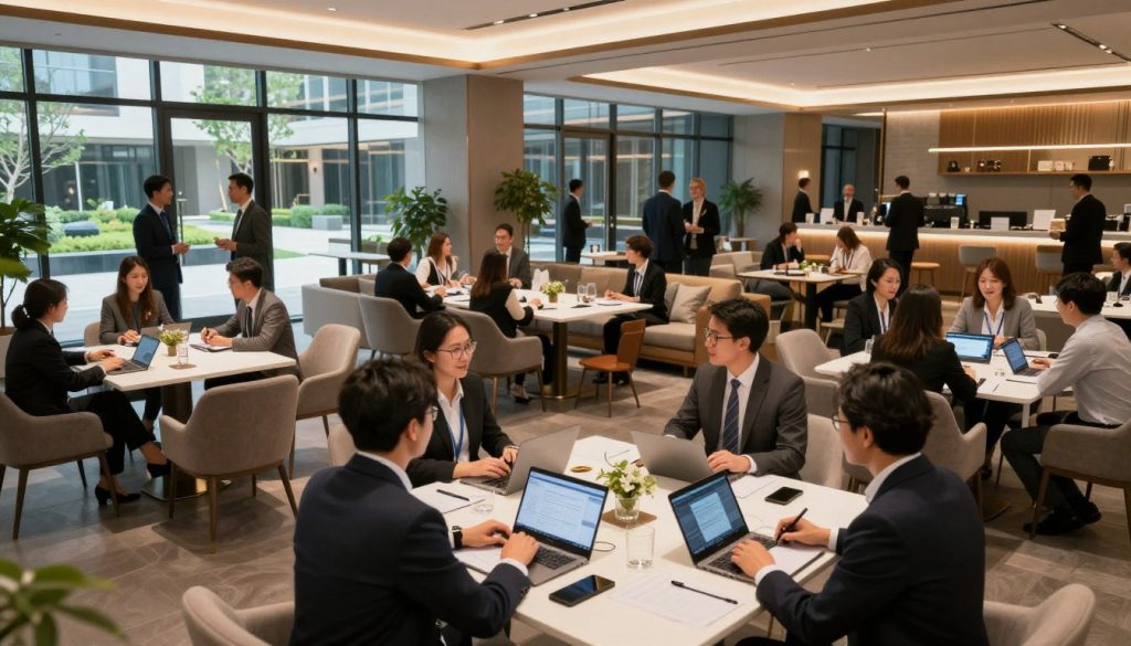 A sleek, modern MICE venue interior showcasing a vibrant events and services overview. In the foreground, a well-dressed professional team is engaged in a collaborative meeting around a large table with digital devices and notepads. The middle ground features elegantly arranged seating areas with stylish decor, providing a cozy yet sophisticated atmosphere for networking and social events. In the background, large glass windows reveal an outdoor view of a beautiful landscaped area with greenery, promoting a sense of openness and tranquility. Soft, ambient lighting enhances the welcoming mood, while a wide-angle perspective captures the spacious design of the venue, highlighting its versatility for corporate and social gatherings. The overall image conveys professionalism, energy, and a dynamic setting ideal for events.