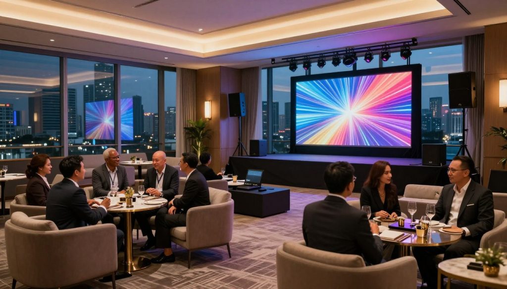 A sophisticated corporate event space in Tangerang showcasing modern amenities and facilities. In the foreground, a well-dressed group of diverse professionals engaging in conversation, surrounded by elegant furniture, sleek decor, and ambient lighting. In the middle ground, a high-tech audio-visual setup with large screens displaying vibrant visuals and state-of-the-art sound systems. Background elements include panoramic windows revealing a city skyline at twilight, infused with warm, inviting light. The atmosphere is dynamic and upscale, perfect for a year-end corporate party, highlighting the seamless blend of comfort and technology in a contemporary setting. Ideal lens angle to capture the depth of the space, emphasizing the sophistication and modernity of the venue.