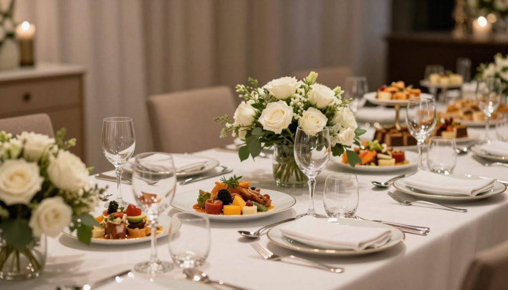 A sophisticated tabletop catering setup for a corporate gala dinner, showcasing an elegant dining experience. The foreground features a beautifully set table with fine china, sparkling crystal glassware, and polished silver cutlery arranged neatly. Tasteful floral centerpieces composed of white roses and greenery add a touch of luxury. In the middle ground, an assortment of gourmet dishes artfully plated, highlighting vibrant colors and textures, with soft ambient lighting creating an inviting atmosphere. Background elements include soft draping and subtle decorative accents that enhance the elegance of the venue. The overall mood is warm and sophisticated, with a focus on refinement and comfort. The scene is captured from a slightly elevated angle to showcase the entire setup while providing depth.