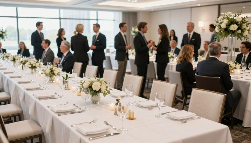 A spacious and elegantly designed banquet hall, featuring long, well-set tables adorned with crisp white tablecloths and tasteful centerpieces. In the foreground, a beautifully arranged table with sparkling glassware and polished cutlery sets the tone for a formal event. The middle ground showcases guests in professional business attire, engaged in lively conversations, with smiles and animated gestures adding warmth to the setting. In the background, large windows allow natural light to pour in, illuminating the sophisticated decor, including subtle floral arrangements and ambient lighting. The overall atmosphere is celebratory yet professional, ideal for a company anniversary event. The image captures a wide-angle perspective, with a bright and inviting color palette, emphasizing the premium amenities of the venue.