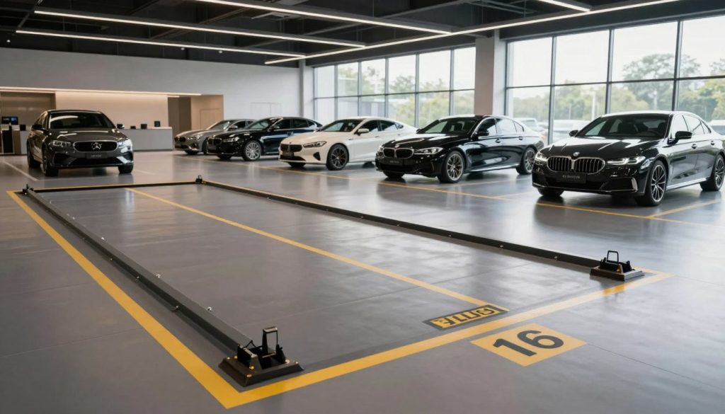 A spacious and modern automotive exhibition hall in Tangerang, showcasing its heavy floor loading capabilities. In the foreground, a section of the floor is illustrated with clearly marked weight limits and reinforced structures, symbolizing strength and durability. In the middle ground, several high-end cars are displayed on the floor, showcasing the hall's ability to support substantial weight. The background features a well-lit environment, with large windows allowing natural light to flood in, creating an inviting atmosphere. Soft shadows accentuate the contours of the cars, while the use of a wide-angle lens captures the expanse of the hall. The mood is professional and dynamic, emphasizing the sophistication and robust design of the venue.